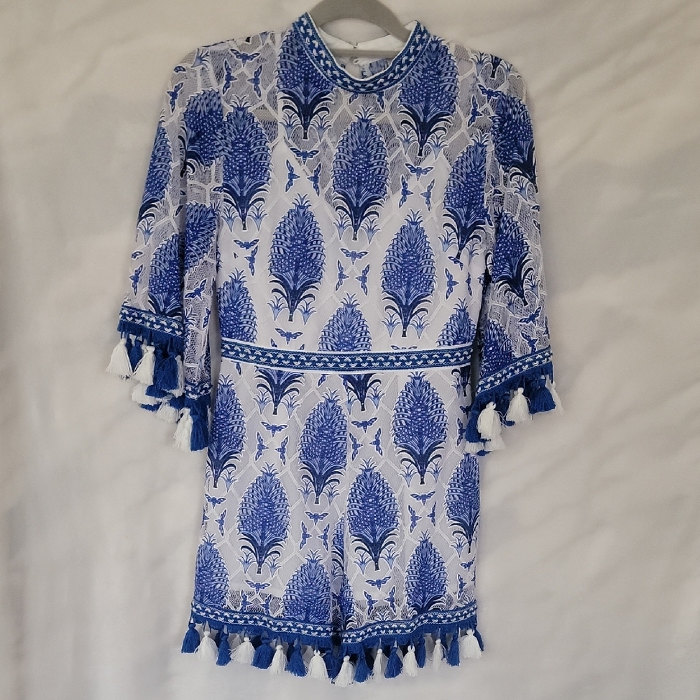 Neiman Marcus Few Moda Blue and White Patterned Tassel Romper Mediun
